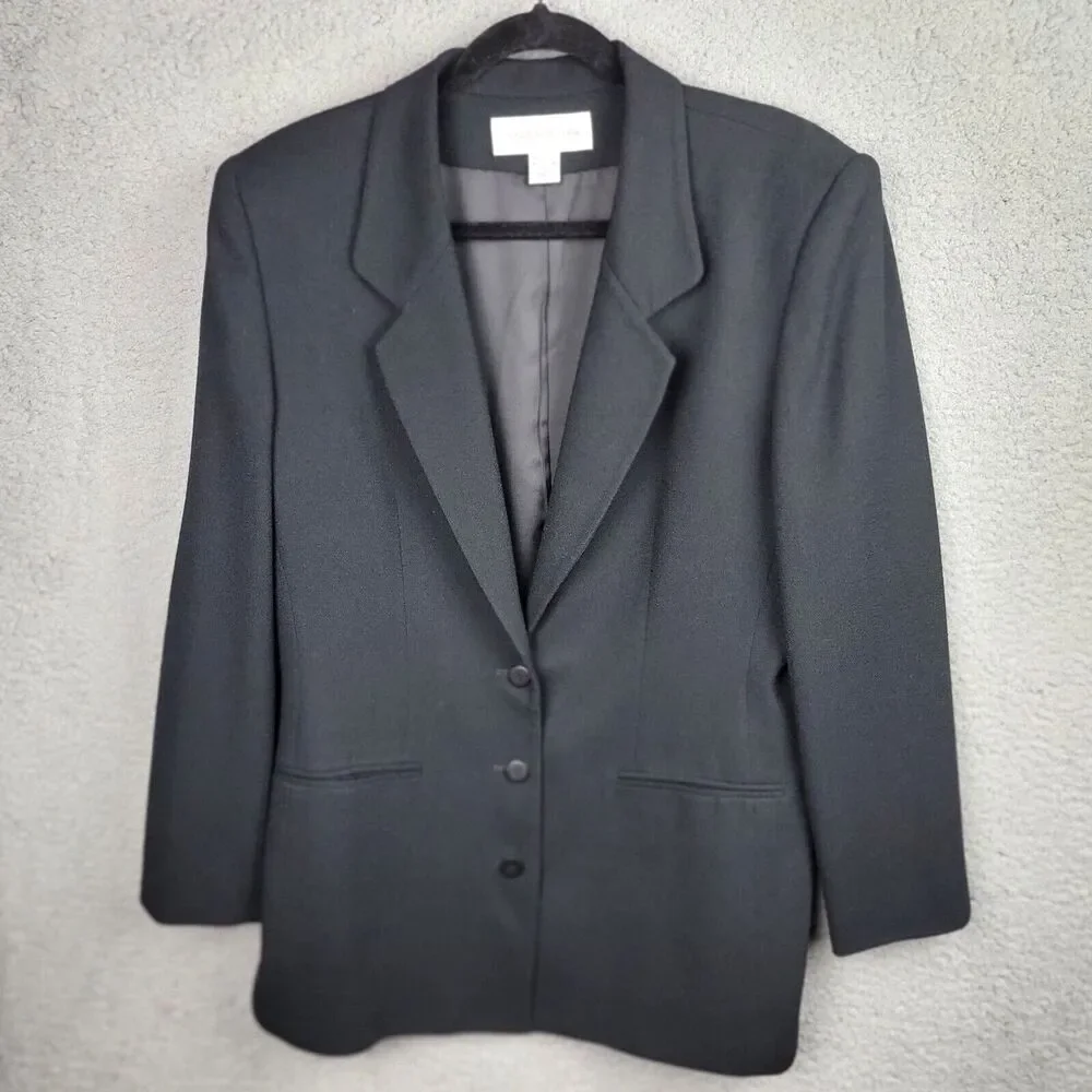 Jones New York Womens Blazer 10 Black Worsted Wool Made In USA Classic Longline